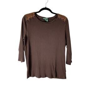 Lauren Ralph Lauren Exclusive Shirt 1X Brown Equestrian Western Leather Detail